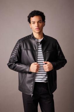 DEFACTO Water Repellent Slim Fit Stand Collar Faux Leather Coat