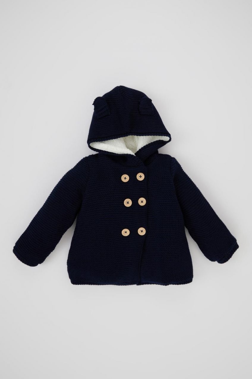 DEFACTO Baby Boy Hooded Plush Lined Knitwear Cardigan