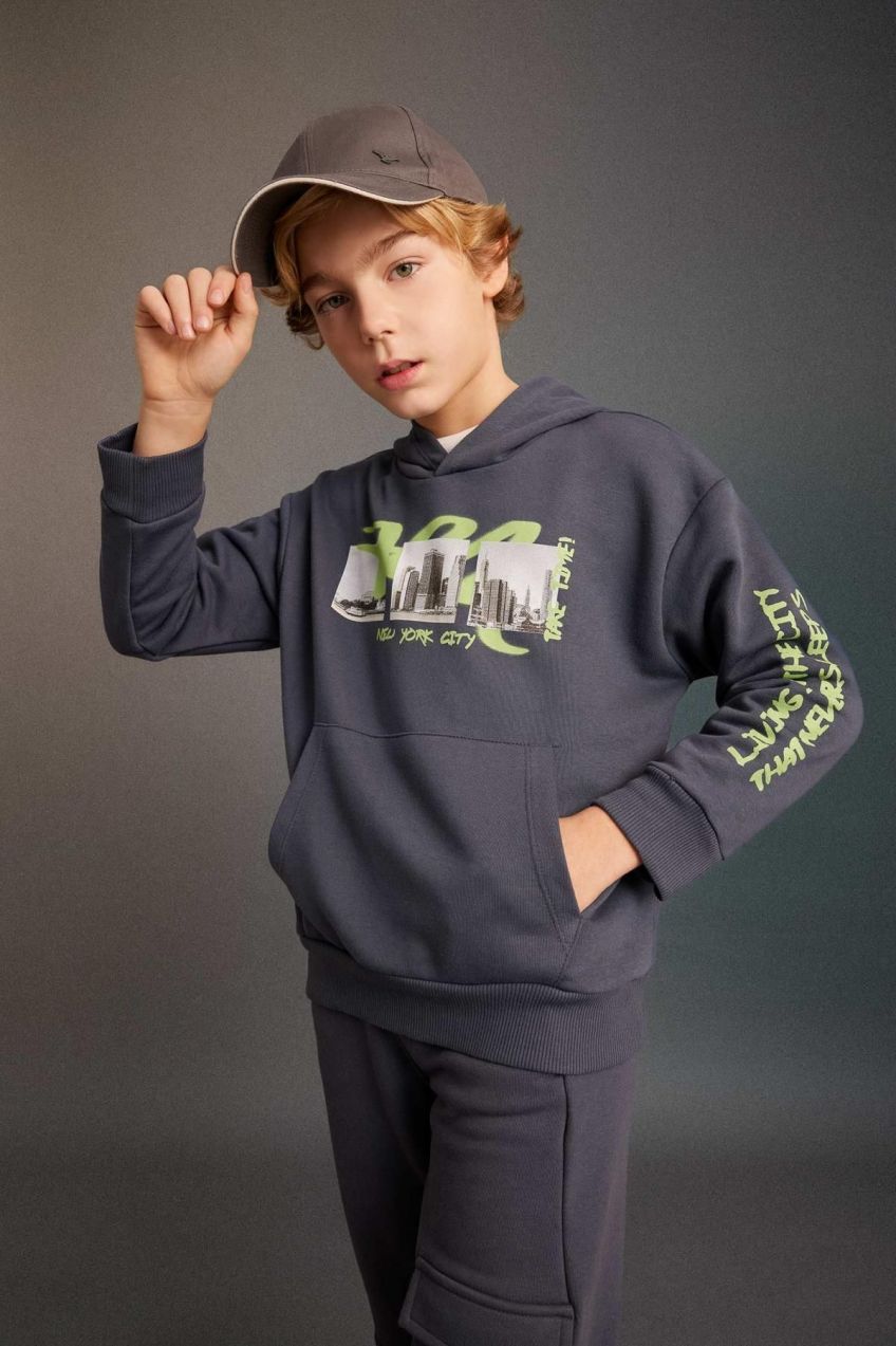 DEFACTO Boy's Oversize Fit Hooded Printed Sweatshirt