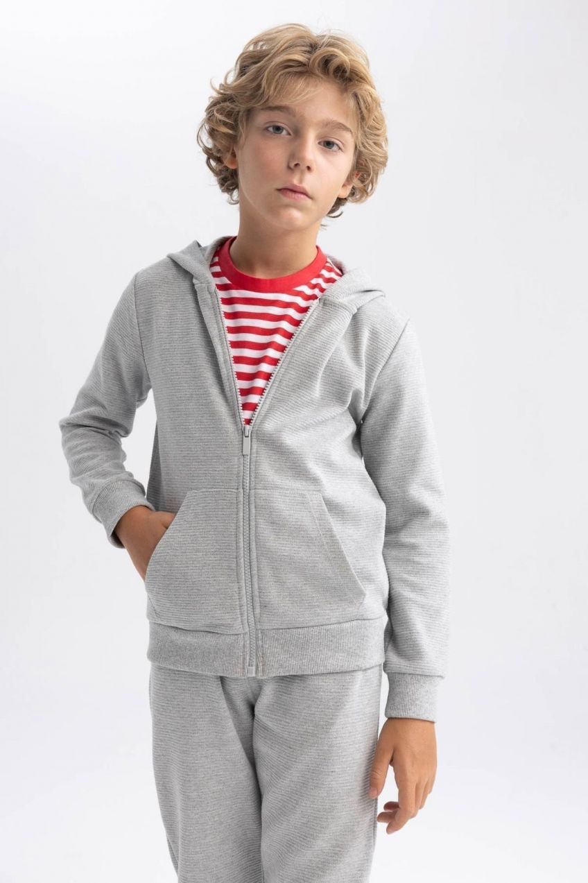 DEFACTO Boy's Gray Hooded School Cardigan