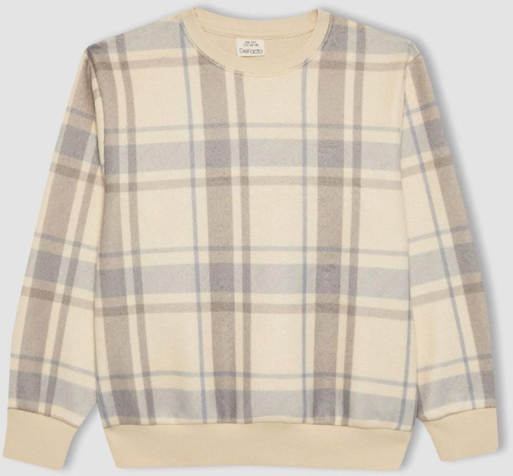 DEFACTO Boy's Crew Neck Patterned Flannel Sweatshirt