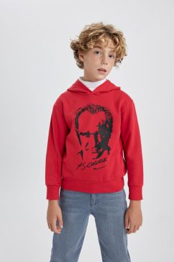 DEFACTO Boy's Atatürk Printed Red Hooded Sweatshirt