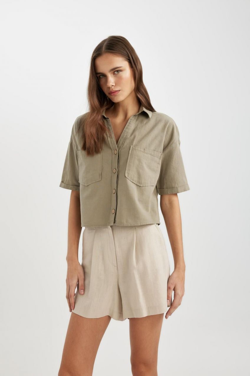DEFACTO Boxy Fit Linen Blended Short Sleeve Shirt