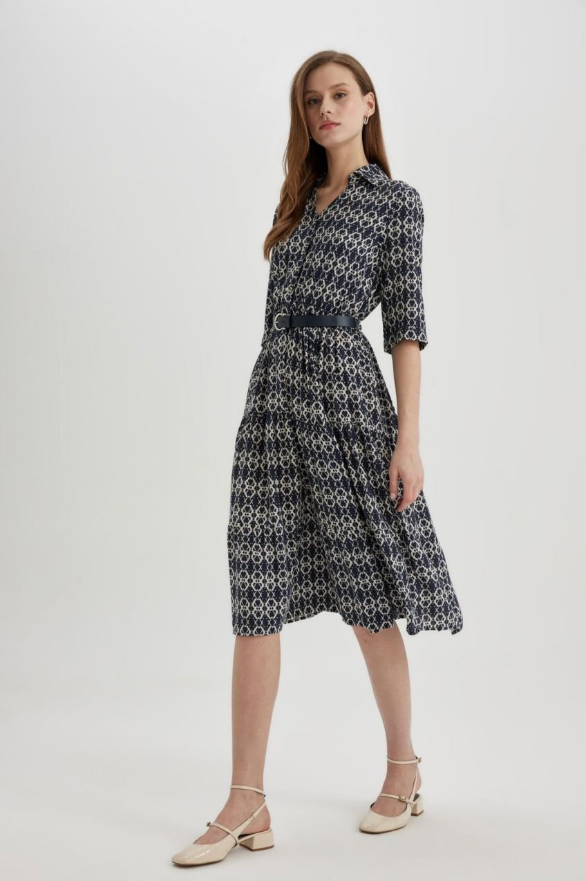 DEFACTO Shirt Collar Patterned Half Sleeve Midi Dress