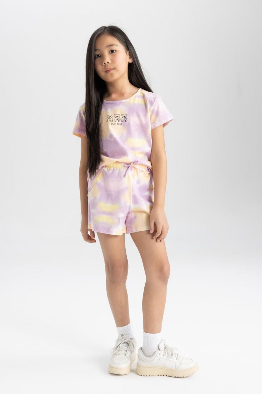 DEFACTO Girl's Tie-Dye Patterned Short Sleeve Pajama Set with Shorts