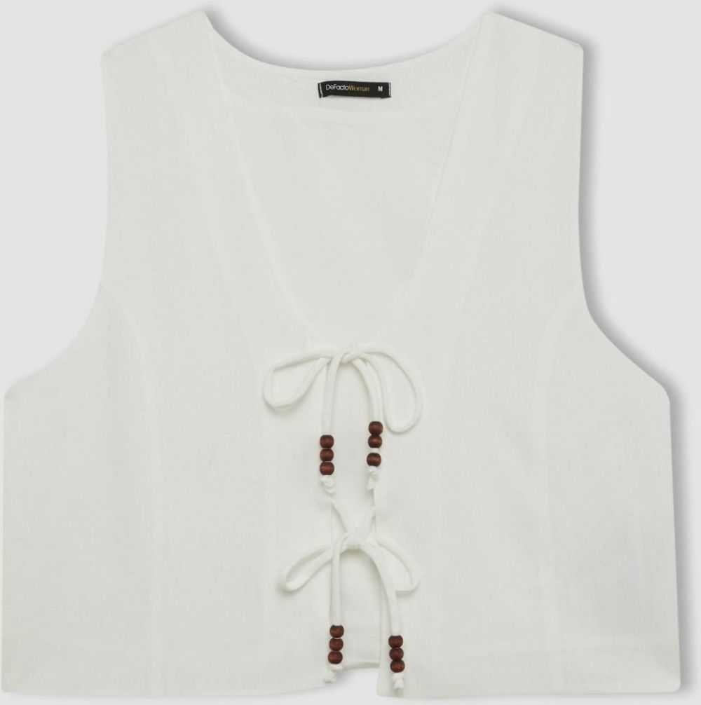 DEFACTO Fitted V-Neck Linen Blend White Lace-Up Vest