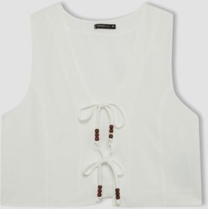 DEFACTO Fitted V-Neck Linen Blend White Lace-Up Vest