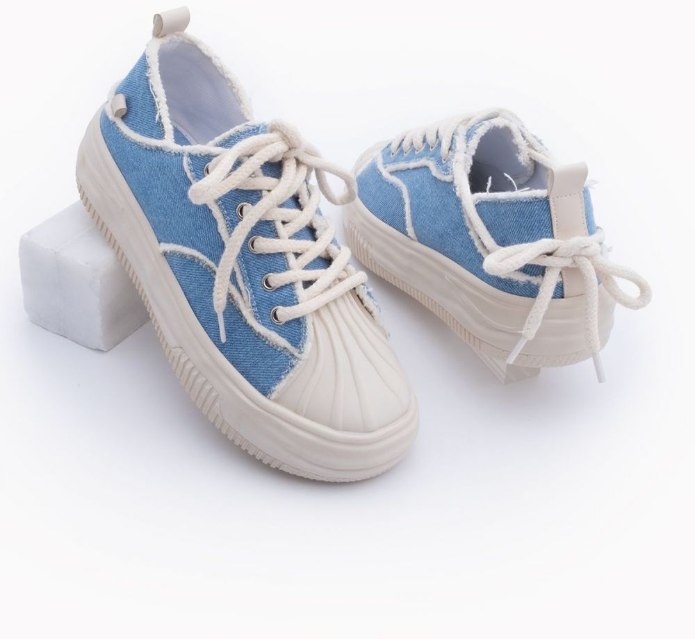 Marjin Women's Thick Sole Linen Fabric Sneaker Sports Shoes Pearl Blue Denim