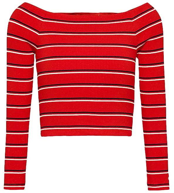 Tommy Jeans Top - TJW SKINNY OFF SHOULDER STRIPE červený