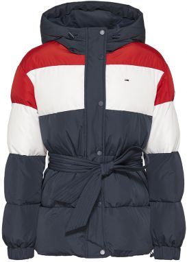 Tommy Jeans Bunda - TJW BELTED COLORBLOCK PUFFER modrá
