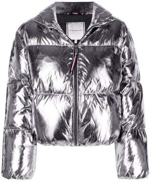 Tommy Hilfiger Bunda - GLOSS FOIL LOGO DOWN PUFFER JKT strieborná