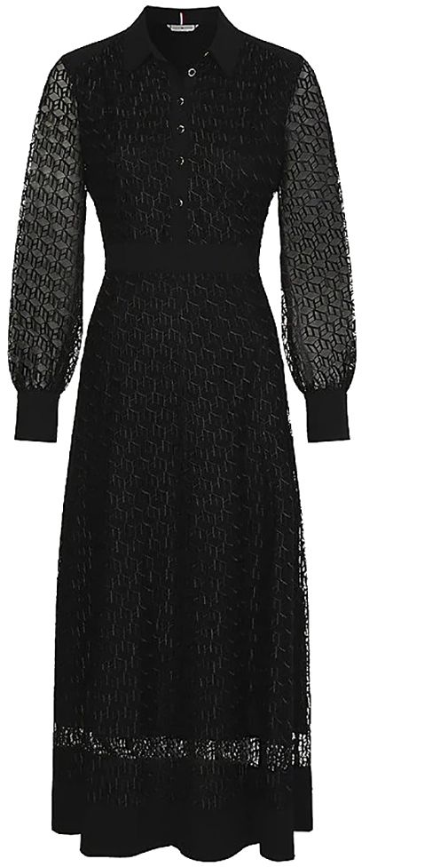 Tommy Hilfiger Šaty - MESH EMB F&F MAXI DRESS LS čierne