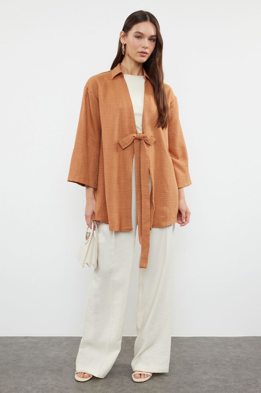 Trendyol Camel Front Tie Linen Look Woven Kimono