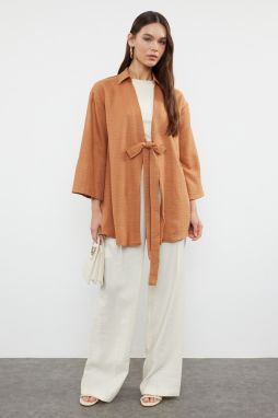Trendyol Camel Front Tie Linen Look Woven Kimono