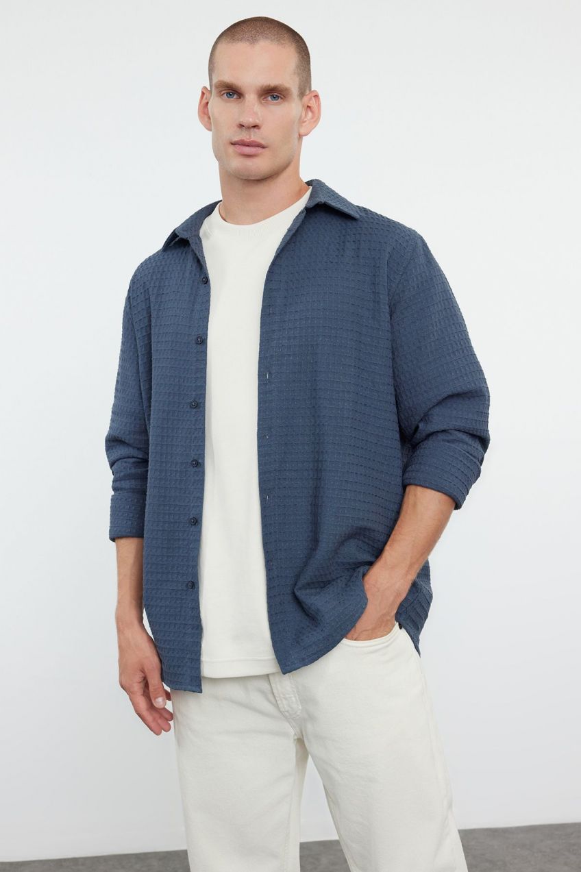 Trendyol Anthracite Waffle Textured Cotton Regular Fit Shirt