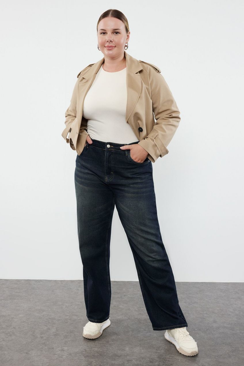 Trendyol Curve Navy Blue High Waist Wide Leg Denim Trousers