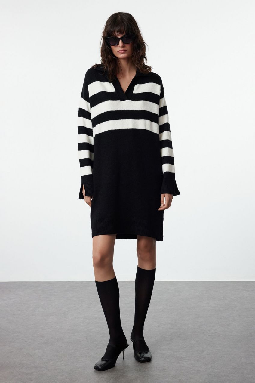 Trendyol Black Midi Knitwear Striped Dress