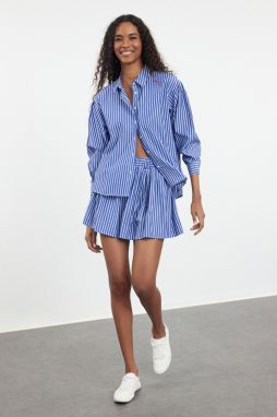 Trendyol Blue Elastic Waist Corded Striped Mini Length Woven Skirt