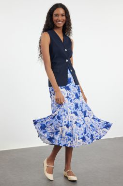 Trendyol Blue Woven Rose Patterned Pleated Skirt