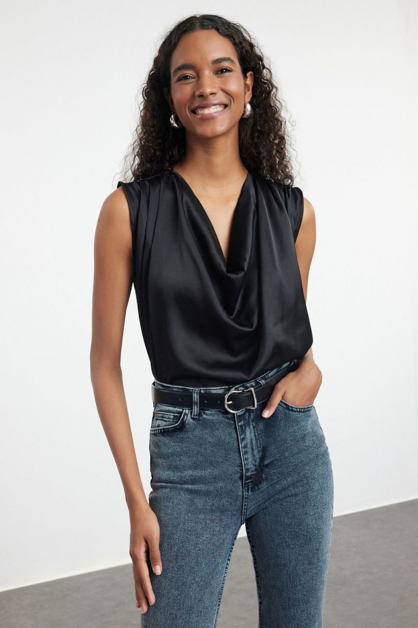 Trendyol Black Sleeveless Collar Satin Woven Blouse