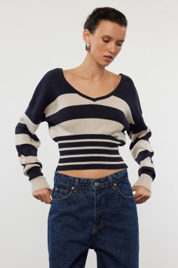 Trendyol Navy Blue Crop Premium Quality Striped Fine Knitwear Sweater