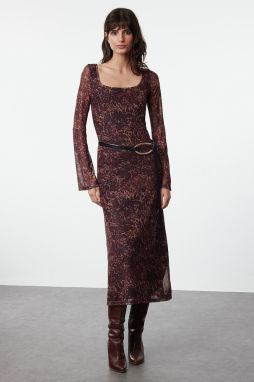 Trendyol Brown Animal Leopard Print Square Neck Bodycone/Fits Knit Dress