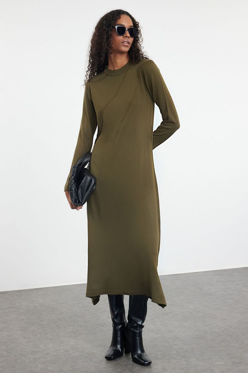 Trendyol Khaki Rib Detailed Knitwear Dress