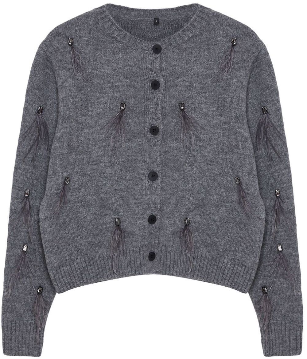 Trendyol Limited Edition Anthracite Stone and Feather Detailed Knitwear Cardigan