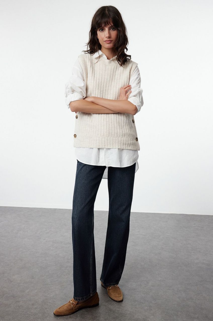 Trendyol Beige Fitted Side Button Knitwear Sweater