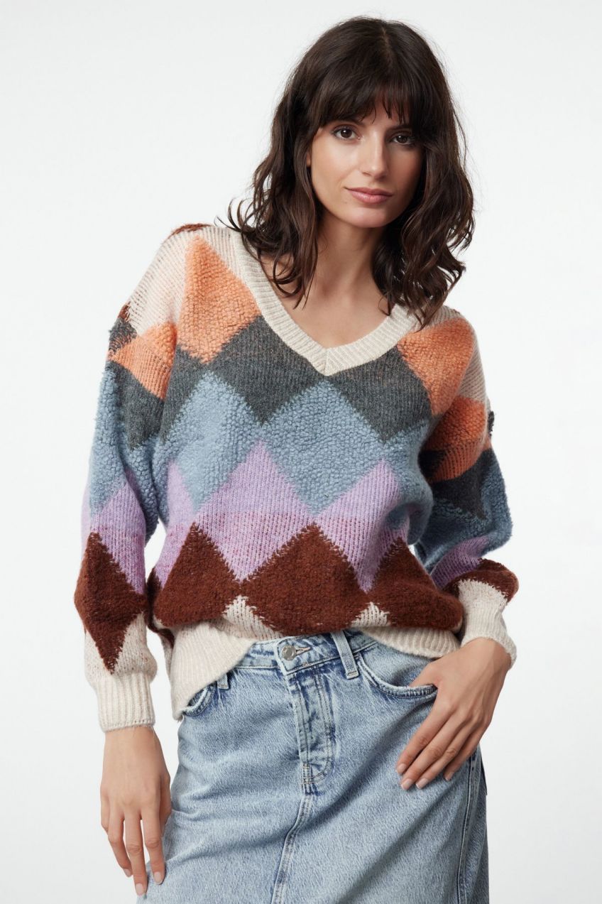 Trendyol Stone Color Blocked V-Neck Knitwear Sweater