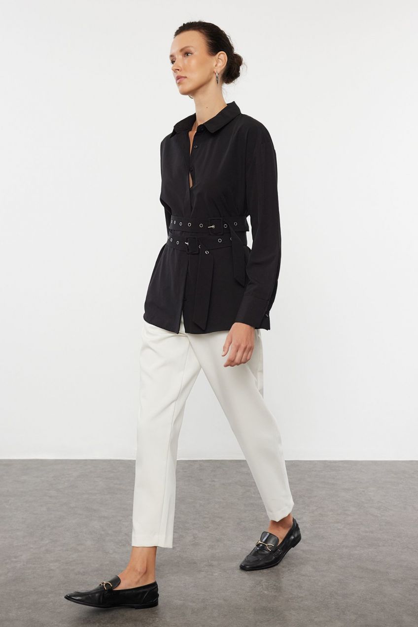 Trendyol Black Oversize Wide Fit Woven Shirt with Belt Detail