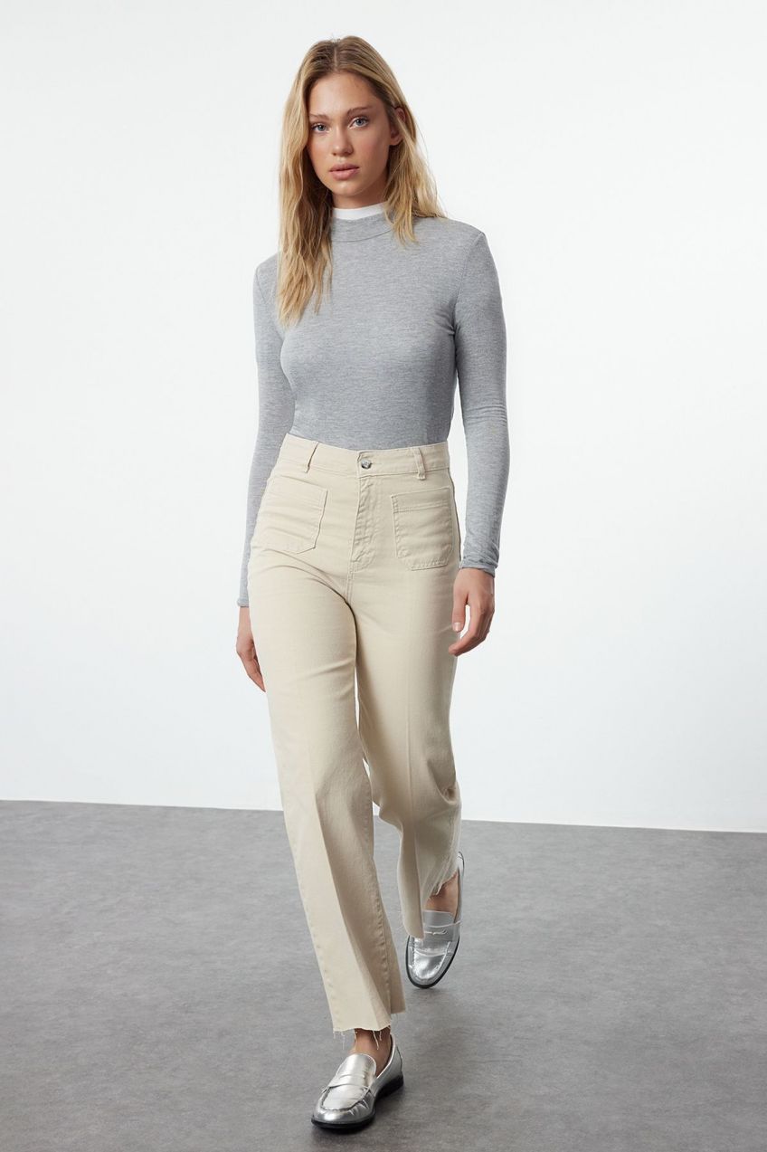 Trendyol Ecru More Sustainable Pocket Detail Iron-On High Waist Wide Leg Trousers