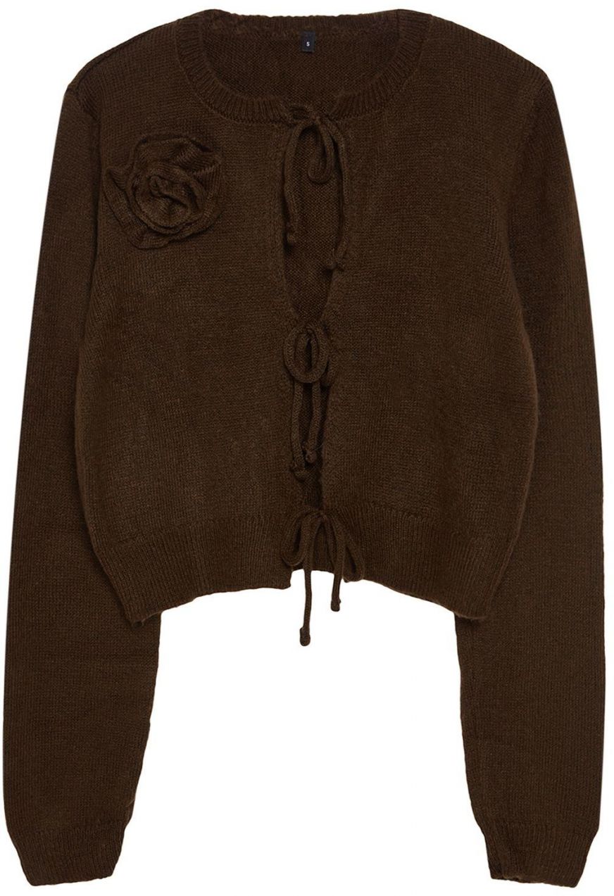 Trendyol Limited Edition Light Khaki Soft Textured Rose and Bow Detailed Knitwear Cardigan