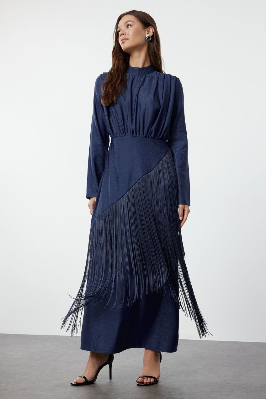 Trendyol Navy Blue Self-Patterned Tasseled Satin Woven Evening Dress