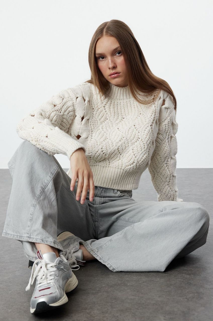 Trendyol Stone Openwork & Perforated Crew Neck Knitwear Sweater