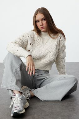 Trendyol Stone Openwork & Perforated Crew Neck Knitwear Sweater