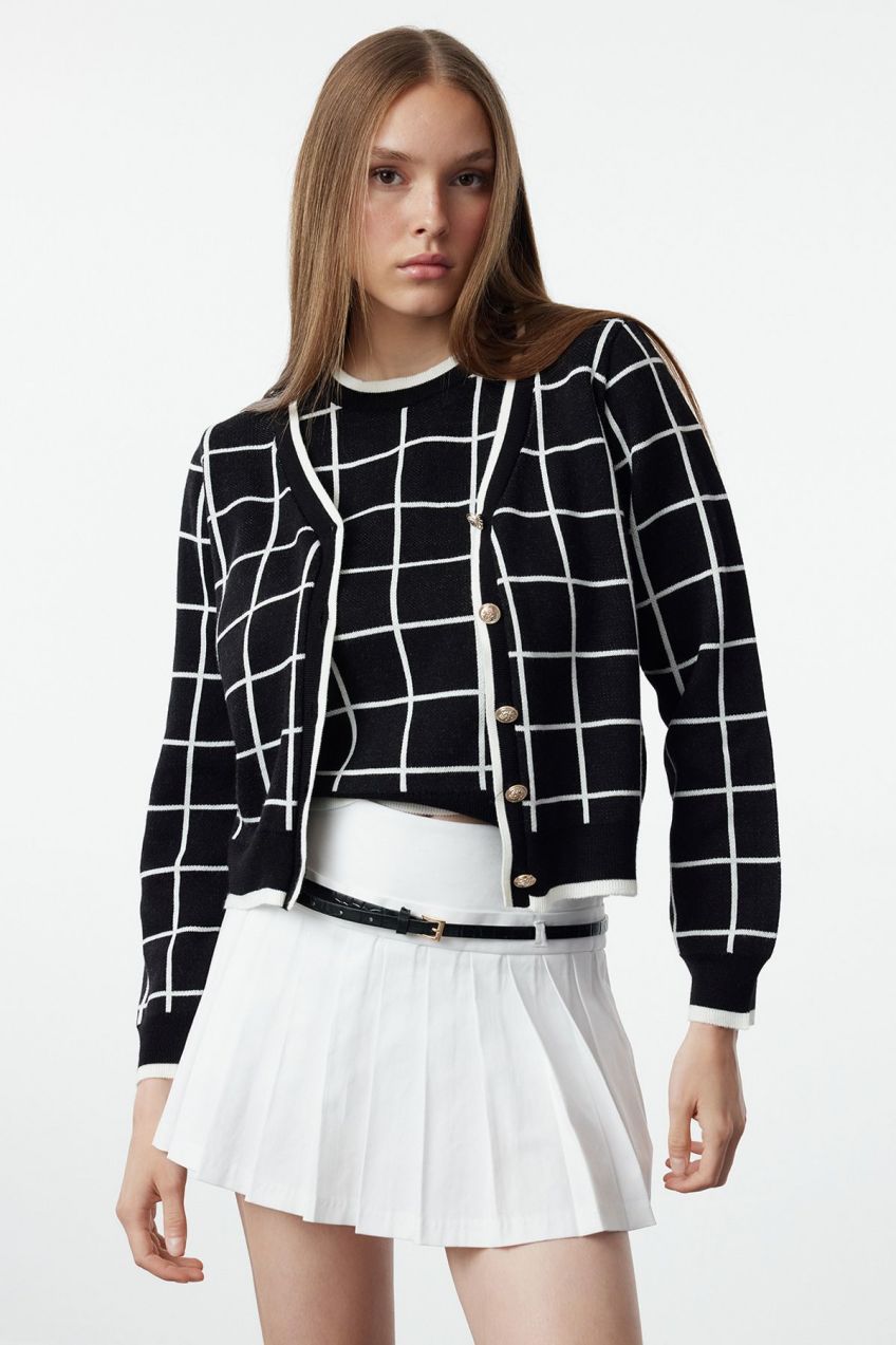 Trendyol Black Plaid/Checked Set Product Knitwear Cardigan