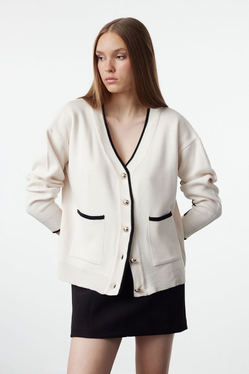Trendyol Ecru Color Block Wide Fit Knitwear Cardigan