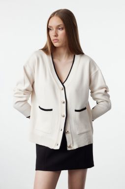 Trendyol Ecru Color Block Wide Fit Knitwear Cardigan