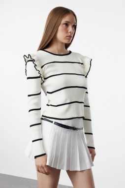 Trendyol Ecru Shoulder Flounce Striped Knitwear Sweater