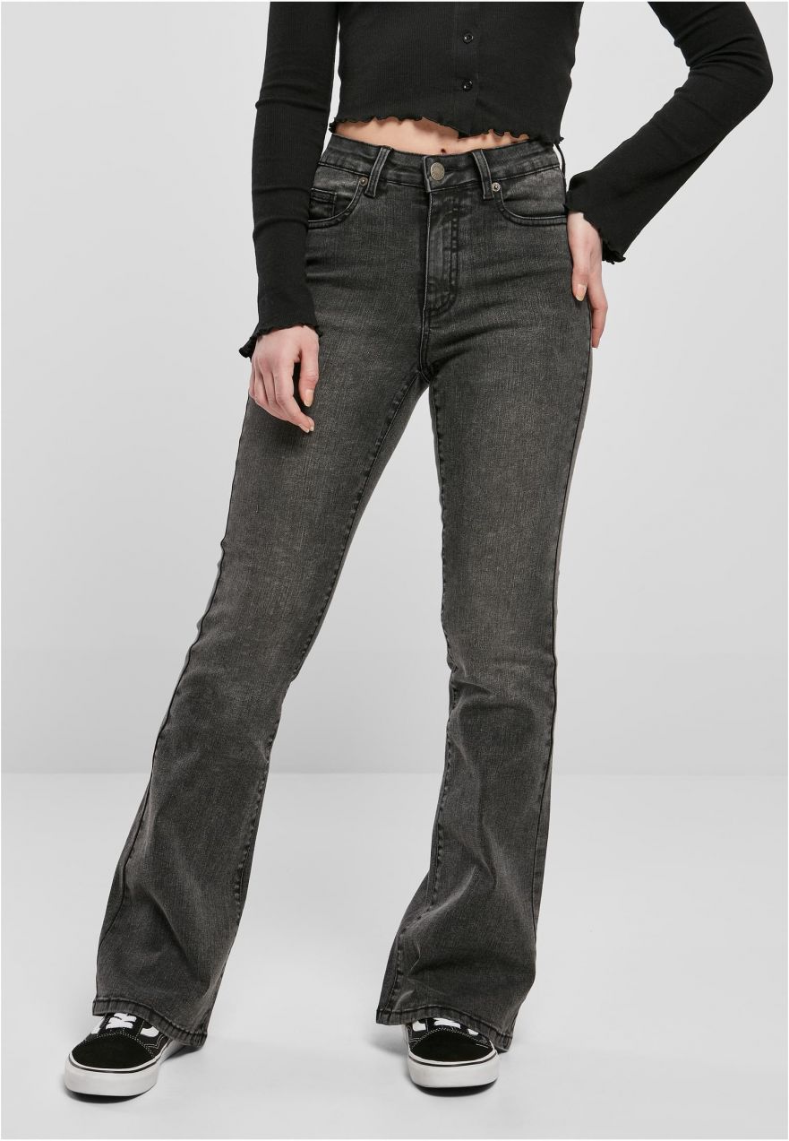 Women's High Waist Flared Denim Pants black heavily washed with acid