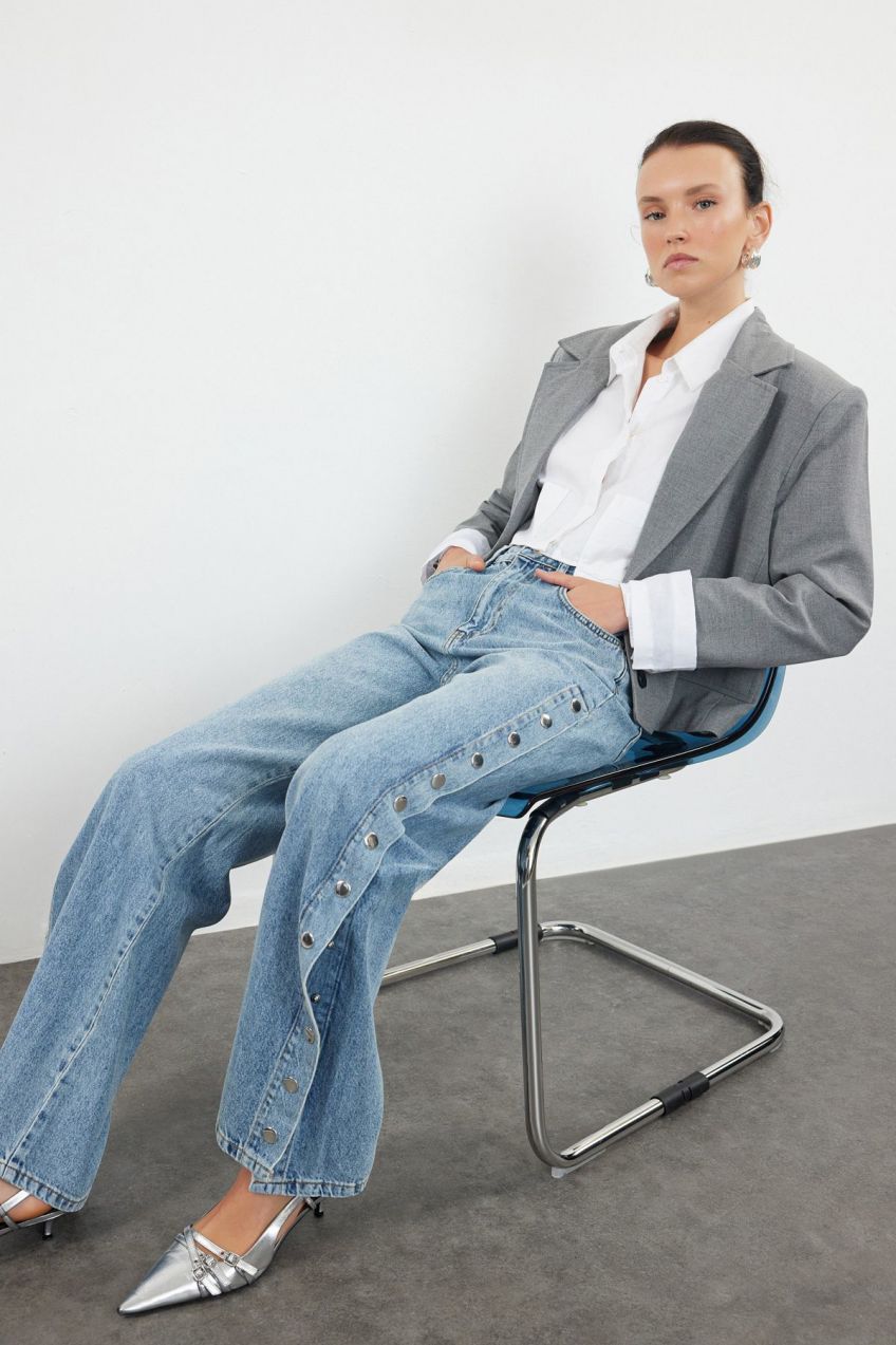 Trendyol Blue Accessory Detailed High Waist Wide Leg Jeans