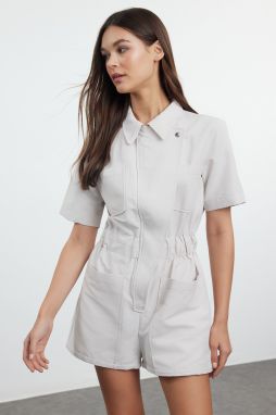 Trendyol Stone Shirt Collar Waist Gabar Detailed Gabardine Mini Jumpsuit