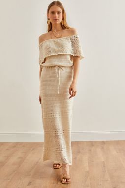 Olalook Women's Ecru Carmen Collar Waist Gathered Openwork Knitwear Dress