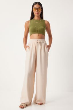 Happiness İstanbul Women's Cream Wide Leg Comfortable Ayrobin Trousers