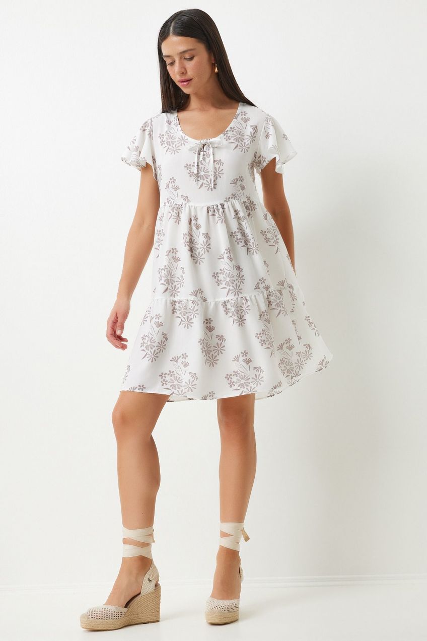 Happiness İstanbul Women's White Brown Floral Summer Flared Viscose Dress