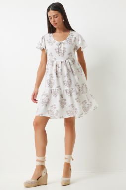 Happiness İstanbul Women's White Brown Floral Summer Flared Viscose Dress