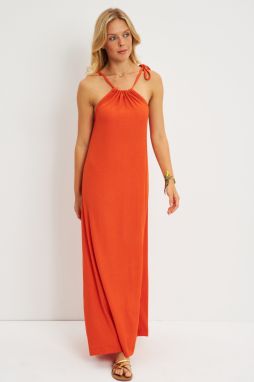 Cool & Sexy Women's Orange Halter Neck Wrap Midi Dress