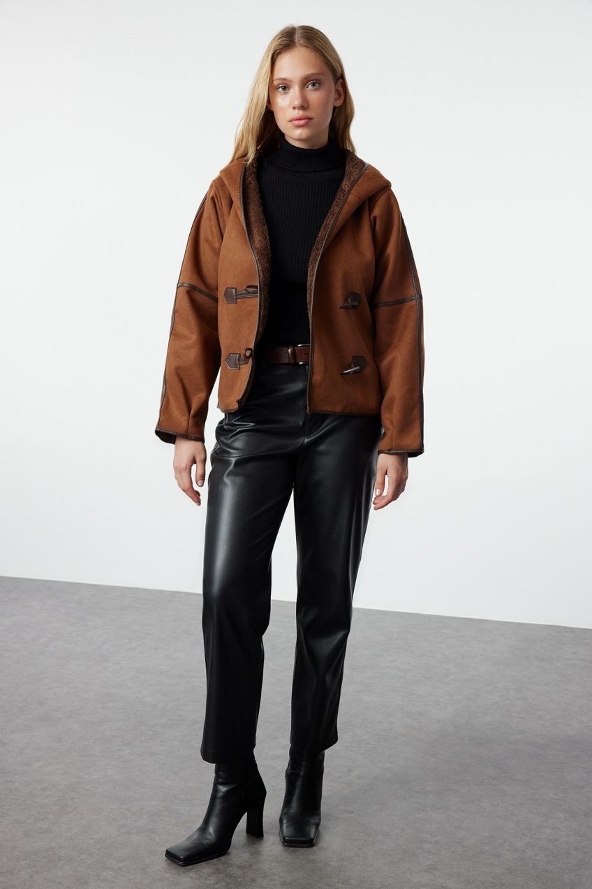 Trendyol Brown Regular Fit Plush Detailed Shepherd Closure Suede Jacket Coat