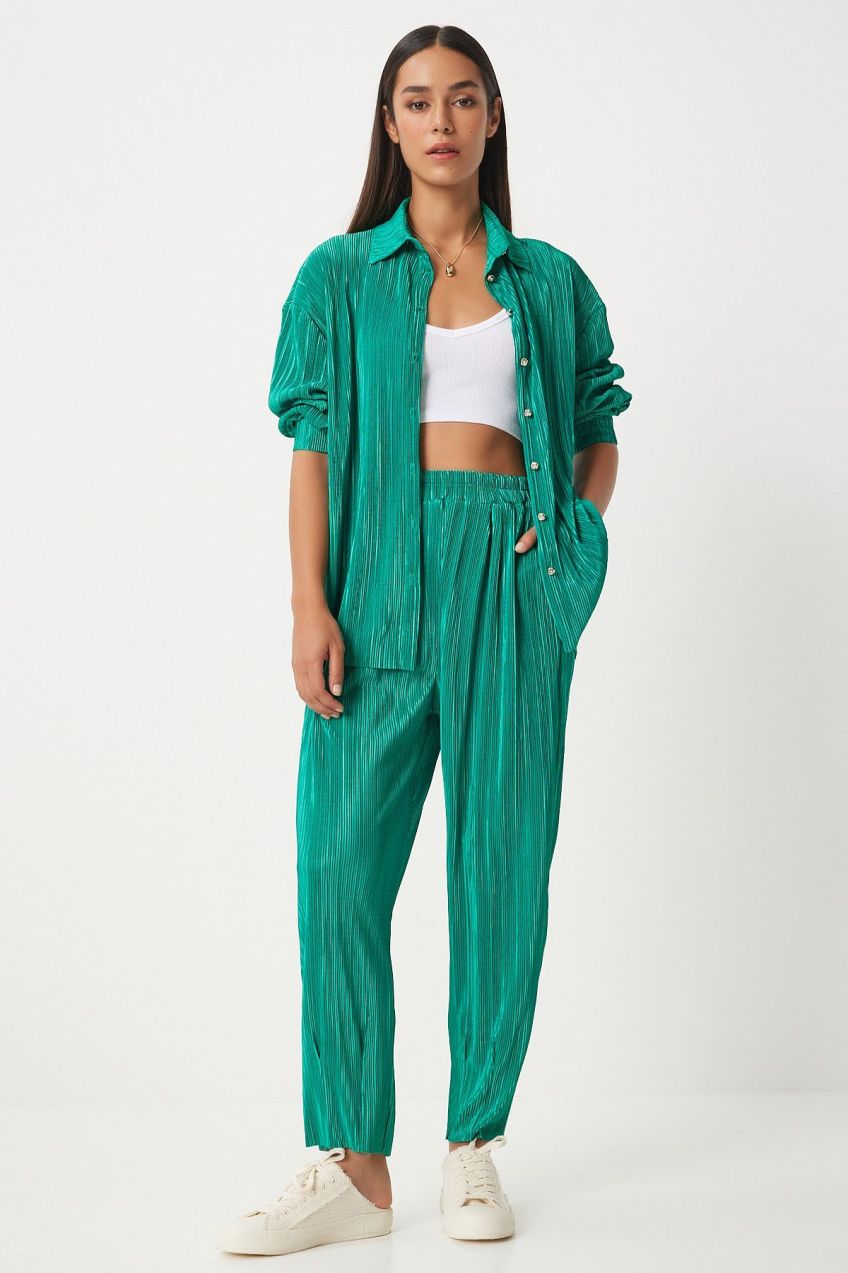 Happiness İstanbul Women's Green Stylish Button-Pleated Shirt and Trousers Suit